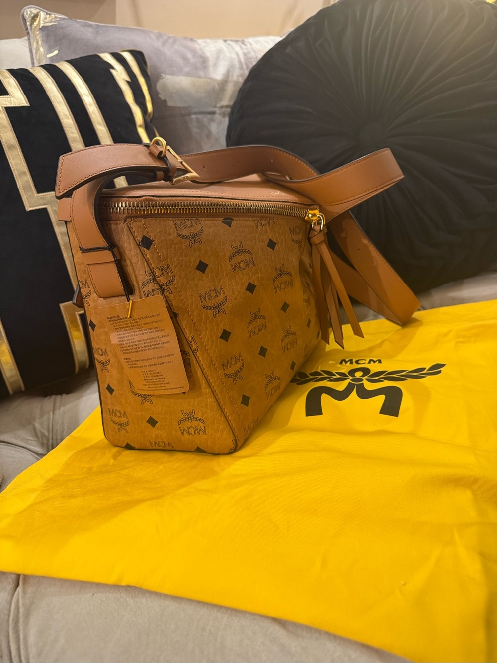 MCM Mustard Yellow Suede Interior with Embossed Leather Patch - Picture 8 of 16